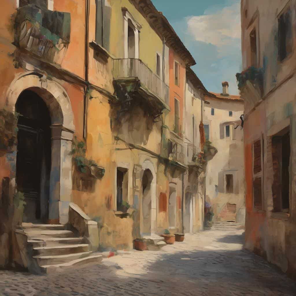 Παλιό δυσλειτουργικό δρόμος με πολυάριθμα κτίρια στην ύπαιθρο ανατολικής Ευρώπης, ζωγραφική εσωτερικής αρχιτεκτονικής.