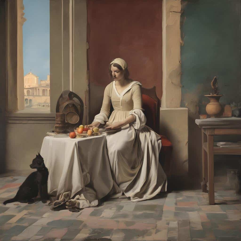 Παραδοσιακή νοικοκυρά με φρούτα και σκύλο, ιστορική τέχνη και εξέλιξη της τεχνικής.