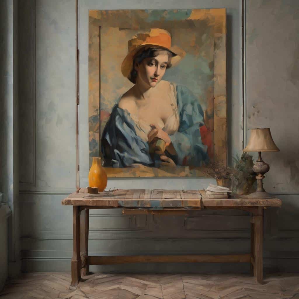 Χρησιμοποιημένη τεχνική ζωγραφικής, νεωτερικό πορτρέτο γυναίκας με καπέλο, σε ρεαλιστικό στυλ.