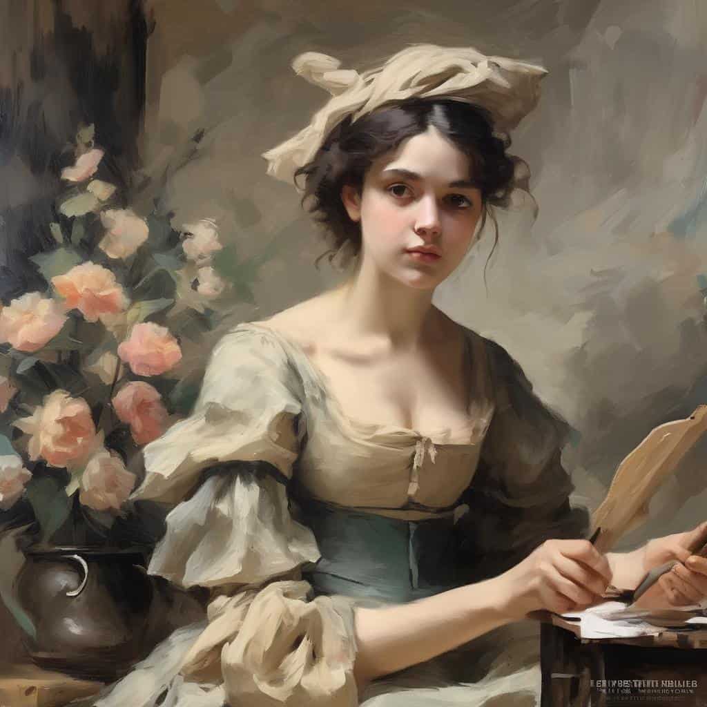 Φωτογραφία με νεαρή γυναίκα ζωγραφισμένη σε ρεαλιστικό στυλ, φορώντας φορεσιά εποχής και καπέλο, με λουλούδια και μπλοκ ζωγραφικής.
