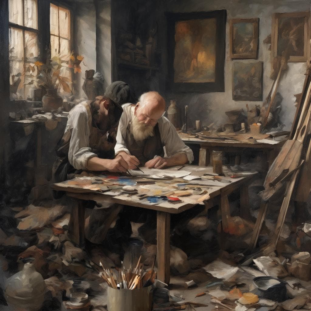Ζωγραφική του τεχνικού εμπειρογνώμονα στην καρδιά του εργαστηρίου τέχνης με παλιά έργα και εργαλεία.