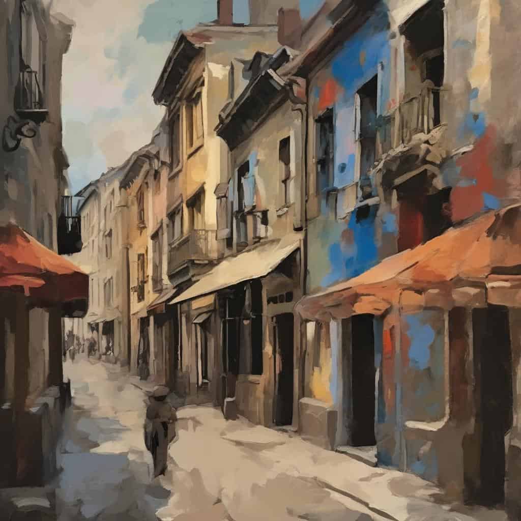 Παλιά ευρωπαϊκή οδός με παραδοσιακά κτίρια και καφέ, τέχνη ακουαρέλας, ιστορική αρχιτεκτονική, τεχνολογική εξέλιξη και πολιτιστική κληρονομιά.