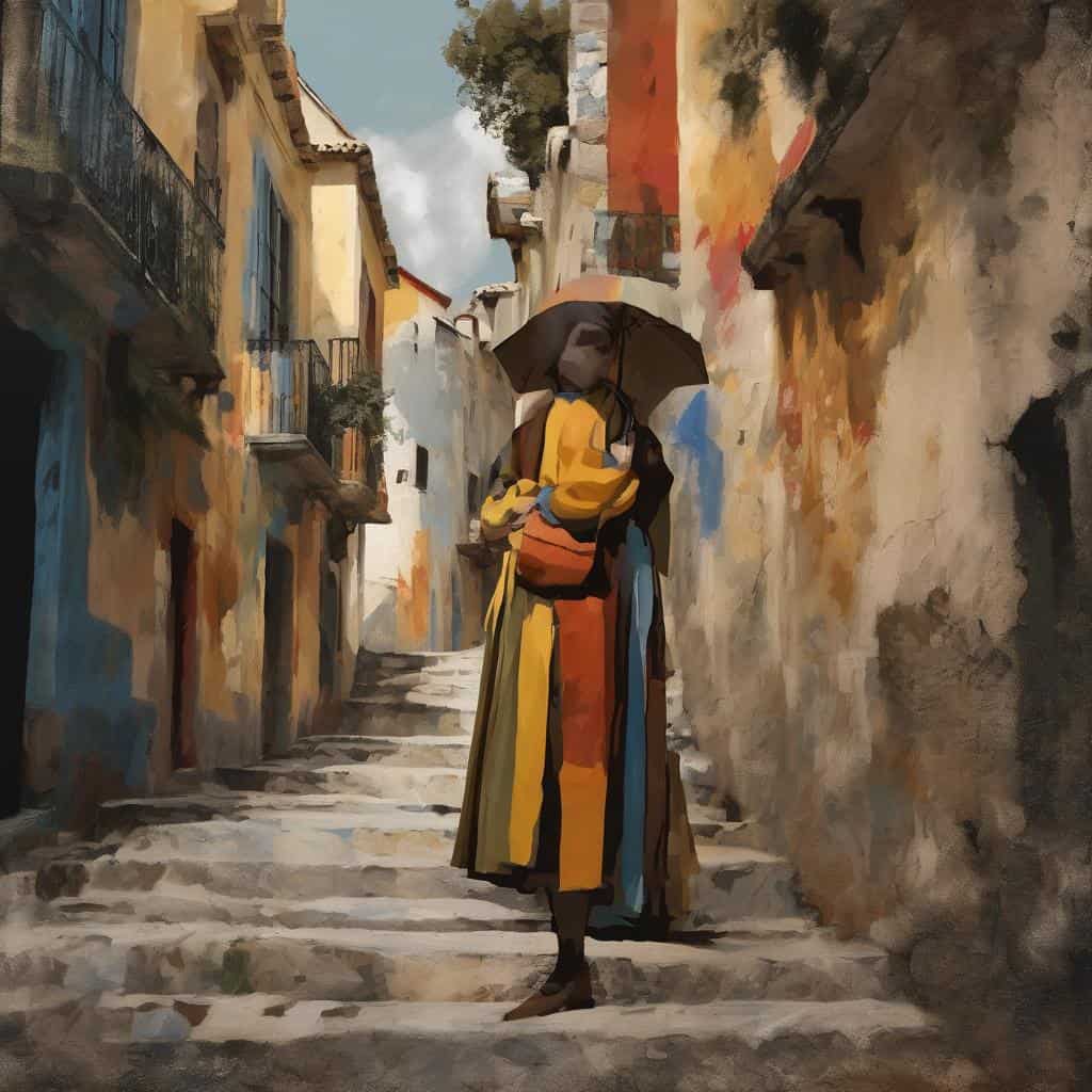 Παρίσταται γυναίκα με ομπρέλα περπατώντας σε στενό, τεχνητή εξέλιξη της τέχνης μέσα στον χρόνο.